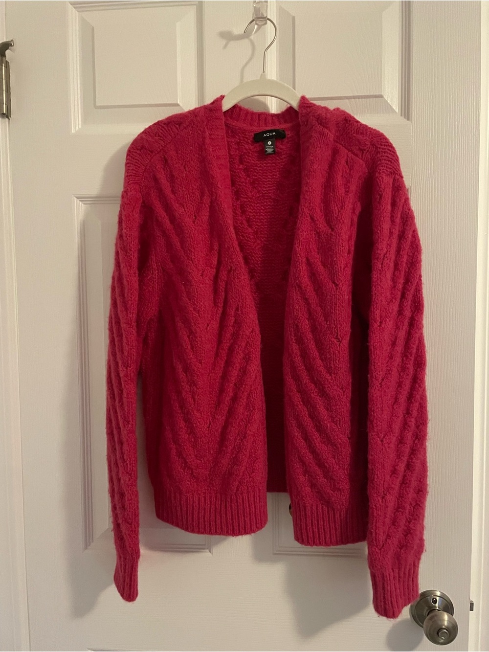 Aqua Open-Front Cable Knit Cardigan in Bright Pink